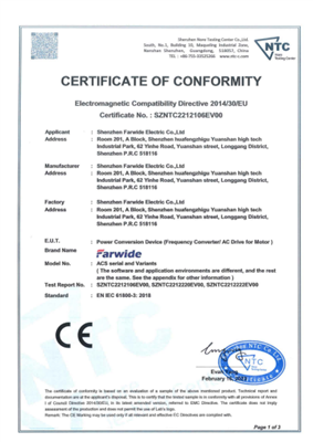 Suzhou Farwide Electric yn Sicrhau Ardystiad CE ar gyfer Trawsnewidwyr Amledd...